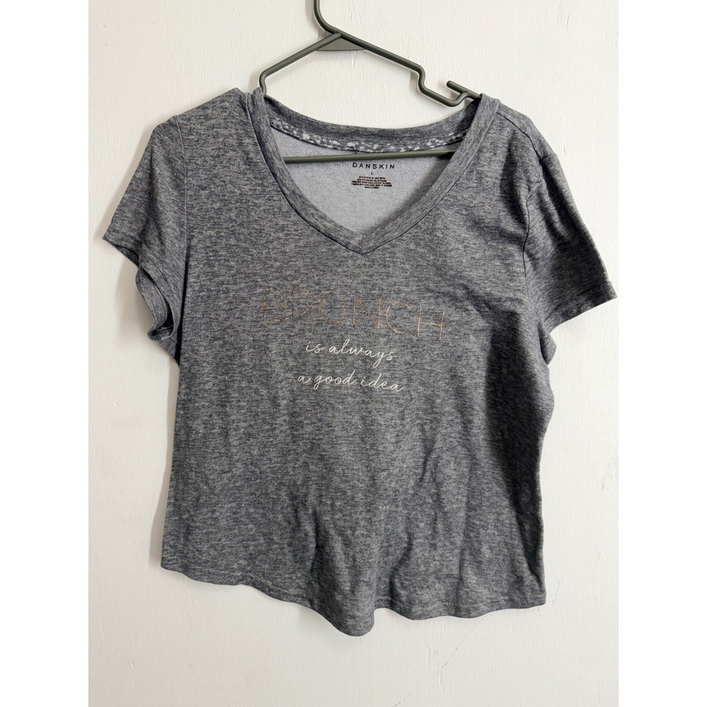 Danskin Womens Gray Brunch Is Always A Good Idea Graphic V-Neck Tee Large